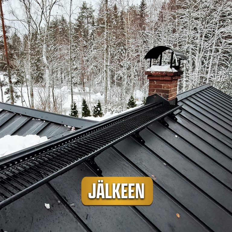 Kuvassa on uusi peltikatto ja punatiiliset vanhat savupiiput ja teksti jälkeen. Kuva on otettu sen jäkeen kun taloon on tehty kattoremontti.