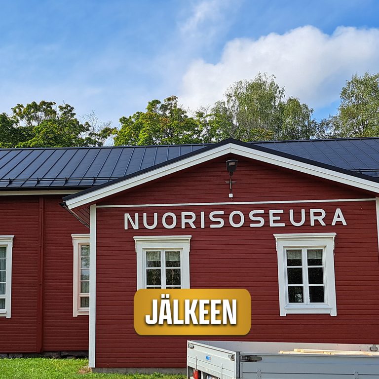 Kuvassa lukee jälkeen ja siinä on kuva punaisesta talosta johon on tehty uusi peltikatto.