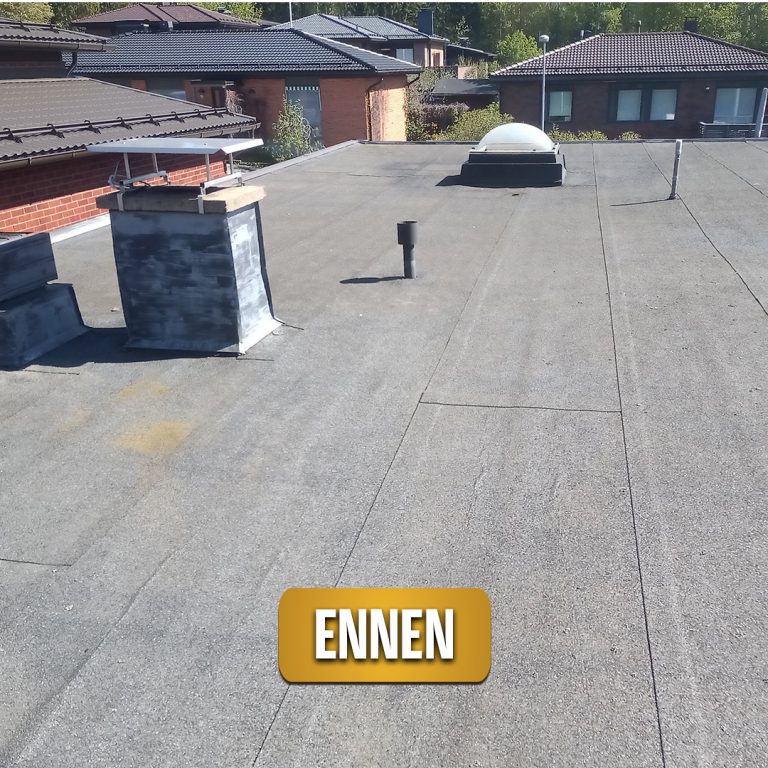 Kuvassa lukee ennen ja siinä on kuva tasakatosta johon on vielä tekemättä kattoremontti.