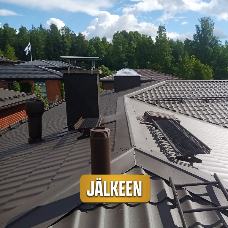 Kuvassa on talon katto sen jälkeen kun siihen on tehty katon korotus eli tasakaton muuttaminen harjakatoksi. Kuvassa lukee jälkeen.