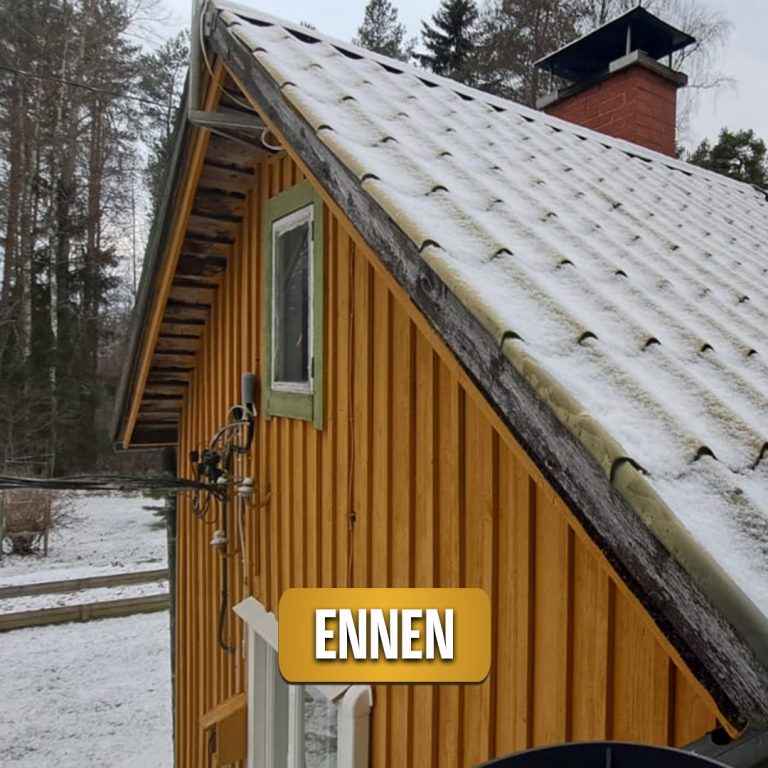 Kuvassa on vanha talon katto ja ennen kuin siihen on tehty kattoremontti ja kuvassa lukee ennen