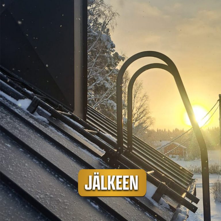 Kuvassa on uusi peltikatto sen jälkeen kun taloon on tehty kattoremontti ja kuvassa lukee jälkeen