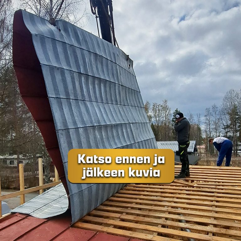 Kuvassa aloitetaan katon korotus poistamalla vanha katto. Kuvassa lukee katso ennen ja jälkeen kuvia.